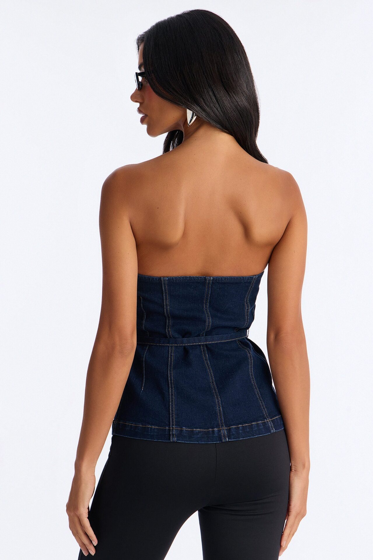 Denim Always Belted Peplum Top - Dark Wash