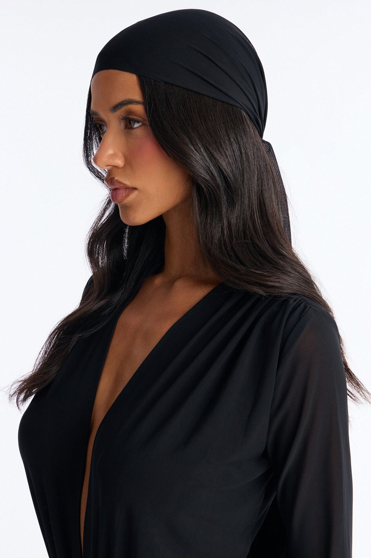 Sara Plunge Neck Jumpsuit And Headscarf 2 Piece Set - Black