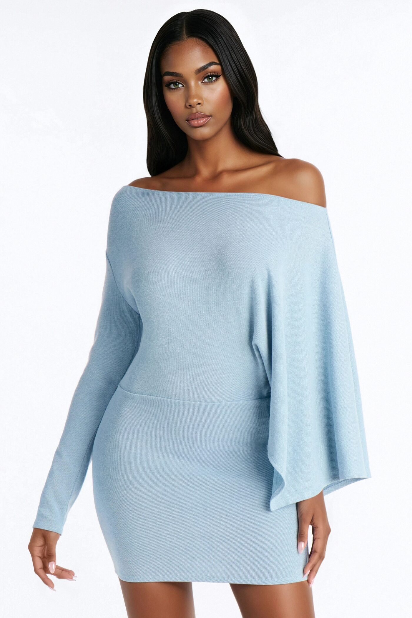 Alessia Off Shoulder Sweater Mini Dress - Dusty Blue