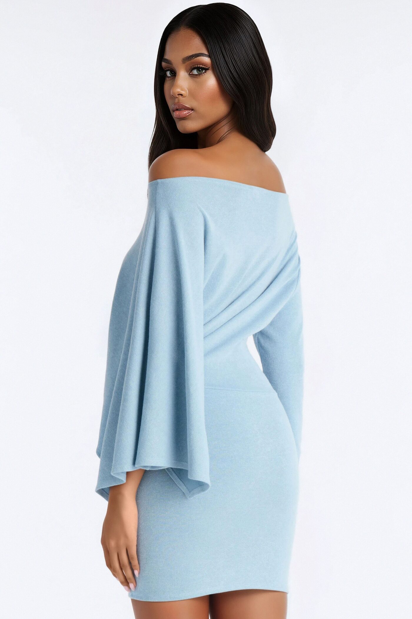 Alessia Off Shoulder Sweater Mini Dress - Dusty Blue