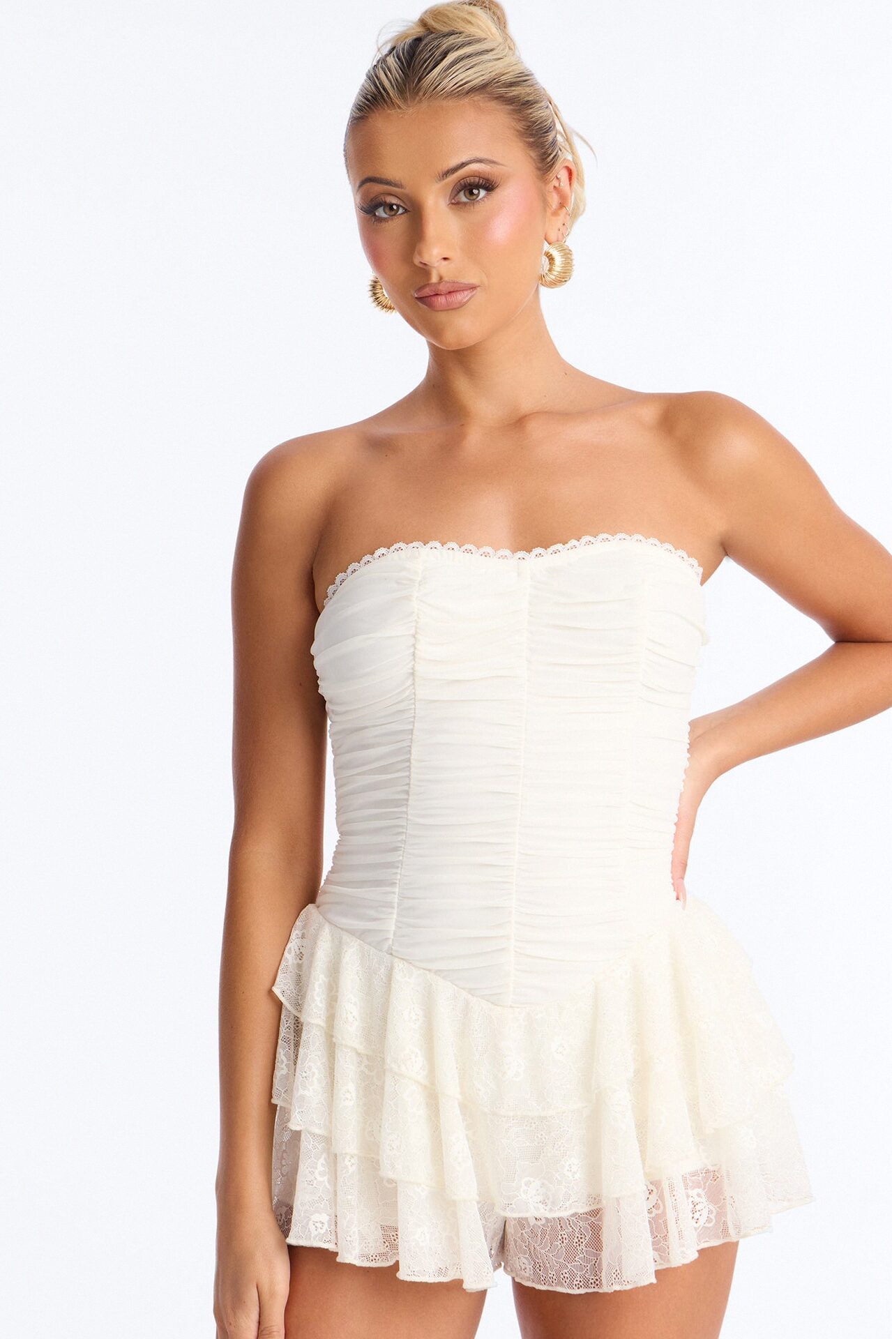 Leana Lace Ruffle Romper - Ivory
