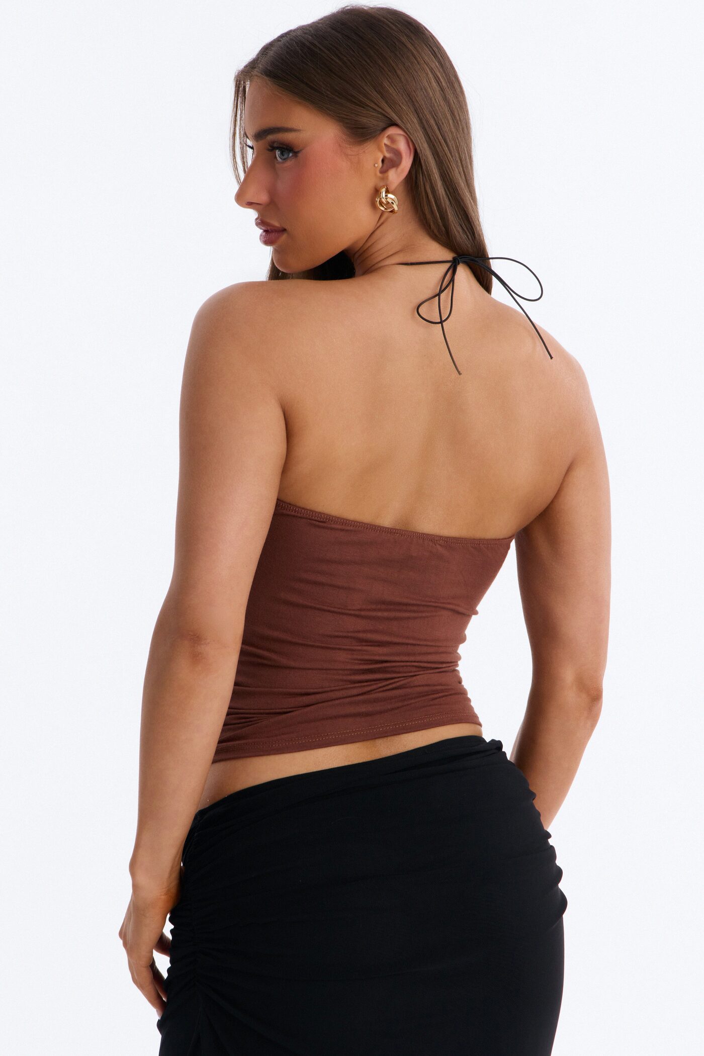 Fiji Trip Hardware Ruched Halter Top - Brown