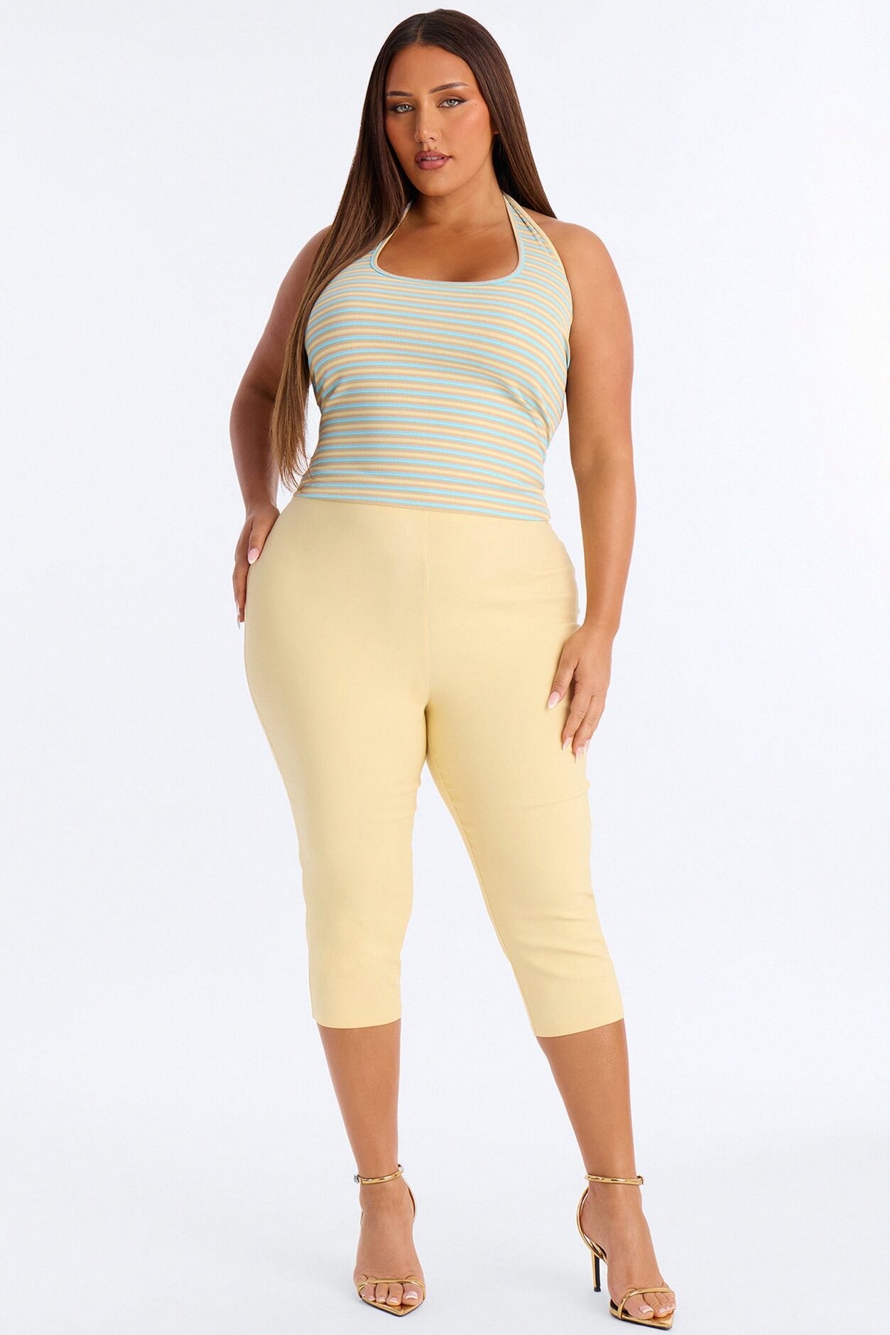 Lulu Ribbed Striped Scoop Neck Halter Top - Brown/combo