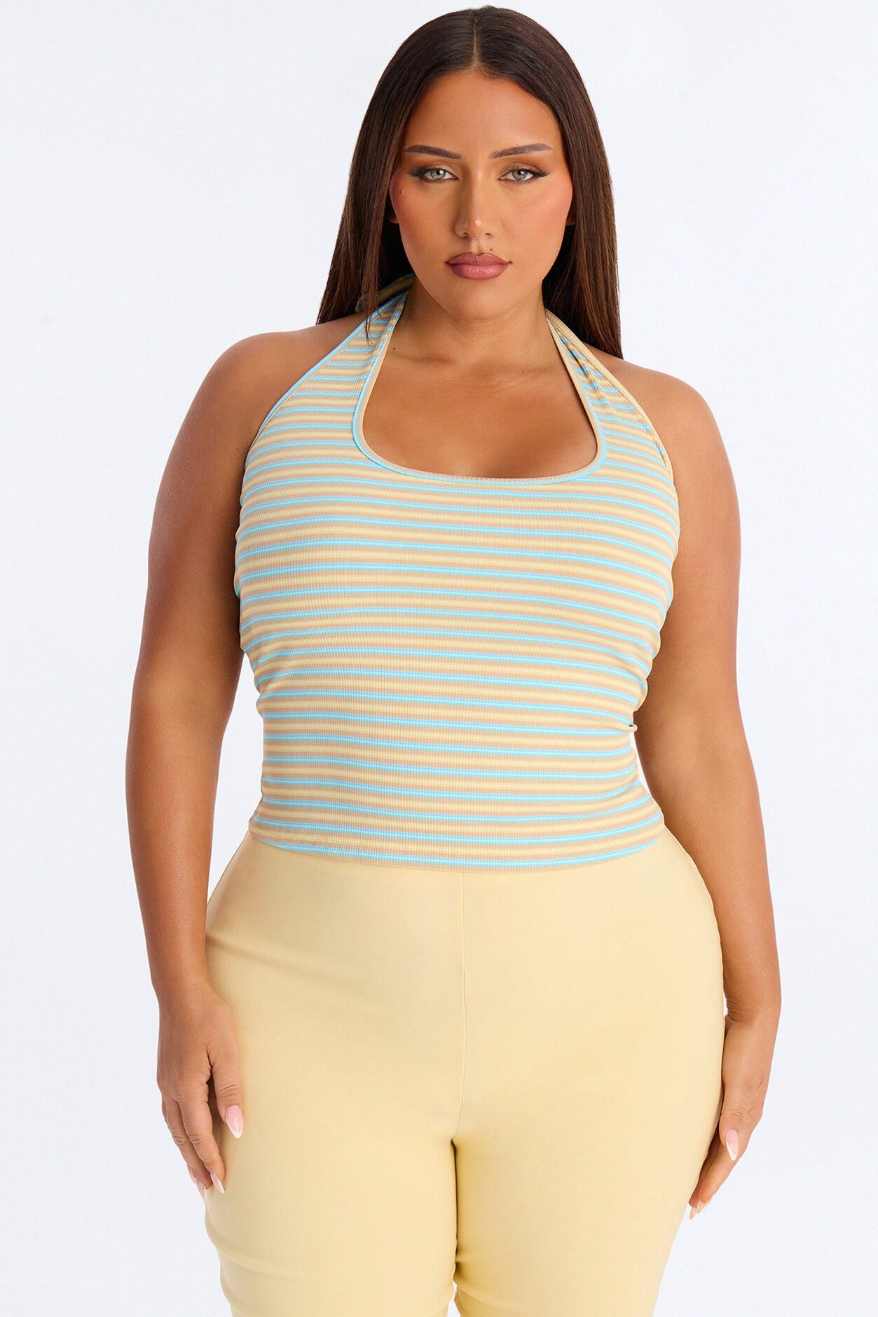 Lulu Ribbed Striped Scoop Neck Halter Top - Brown/combo