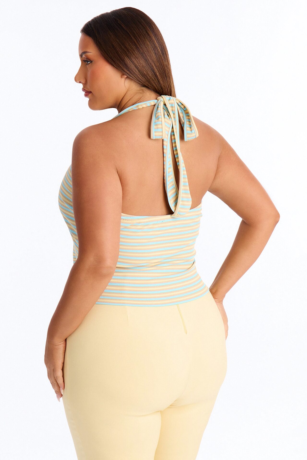 Lulu Ribbed Striped Scoop Neck Halter Top - Brown/combo