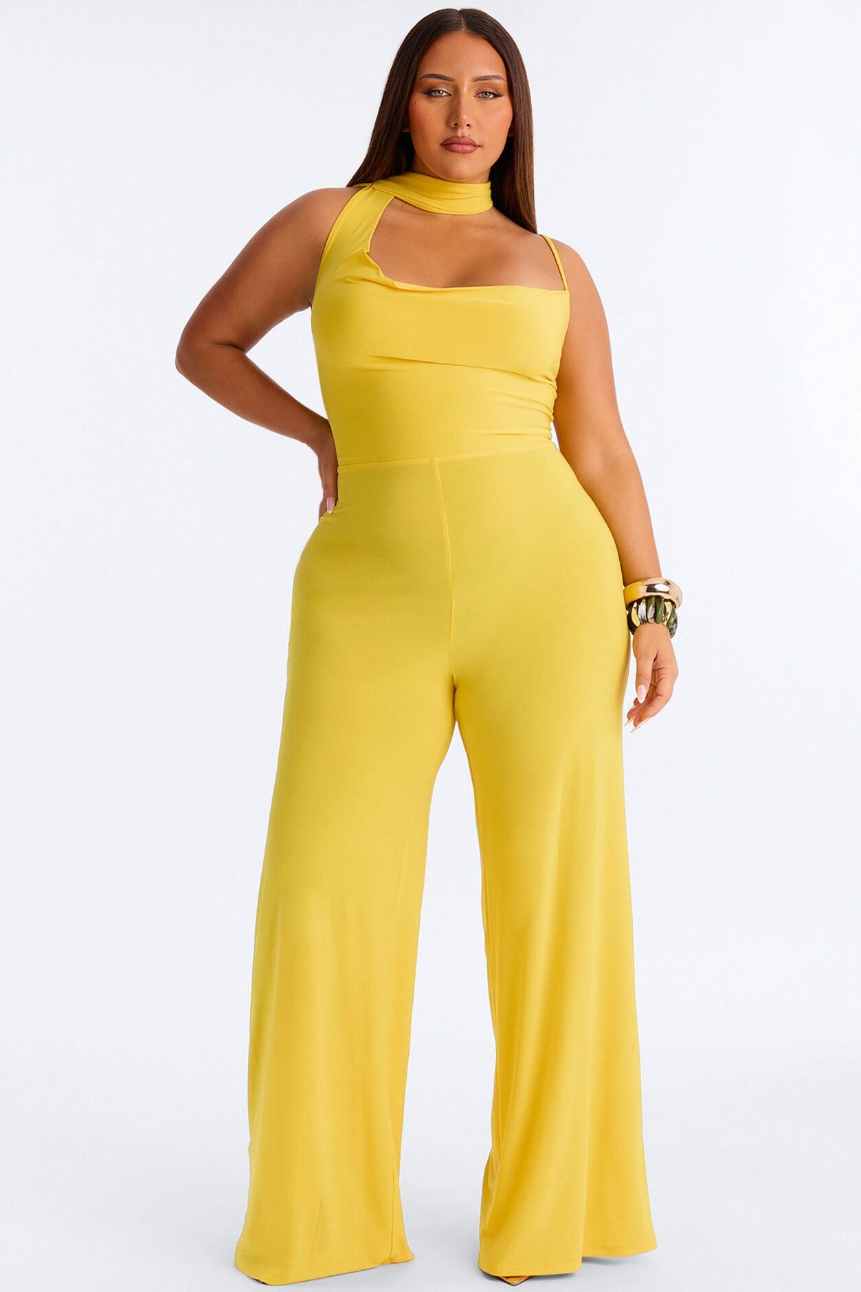 Maliyah Draped Scarf Wide Leg Jumpsuit - Yellow