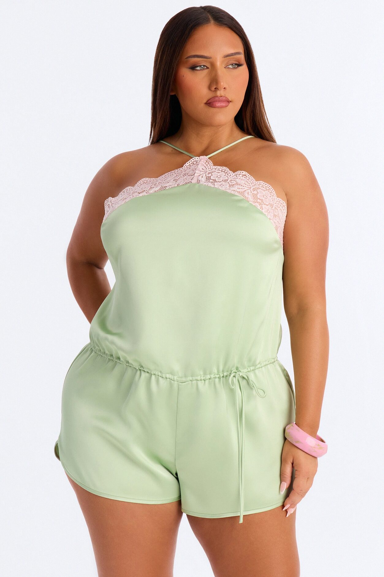 Mel Satin Lace Trim Micro Romper - Sage