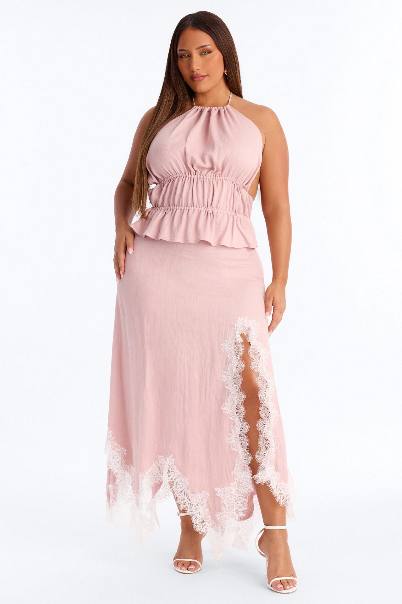 Valerie Lace Trim Linen Skirt Set - Pink