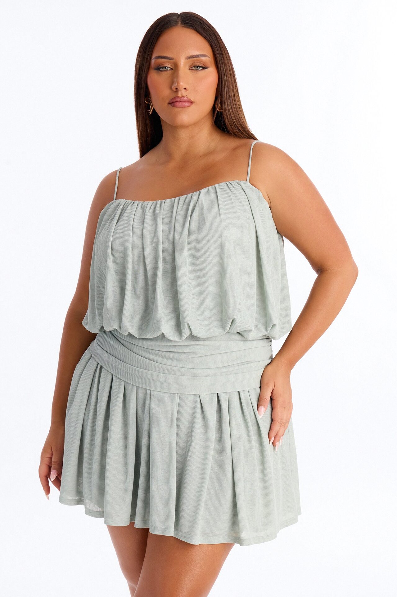 Luna Spaghetti Strap Textured Mini Dress - Sage