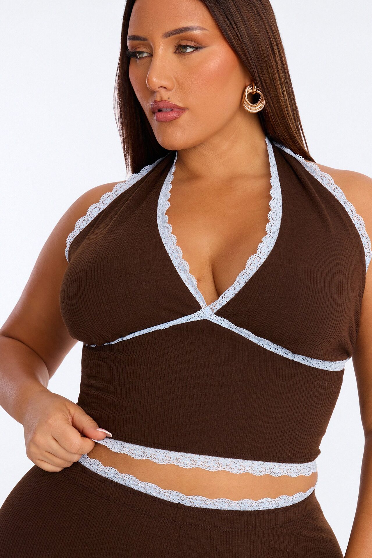 Your's Truly Halter Laced Ribbed Capri Set - Chocolate/Combo