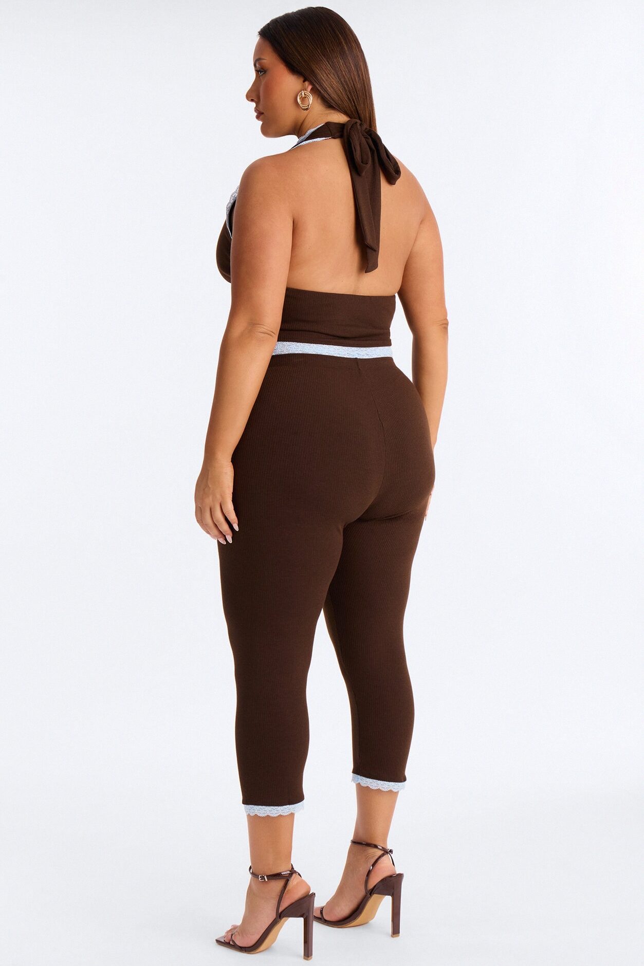 Your's Truly Halter Laced Ribbed Capri Set - Chocolate/Combo