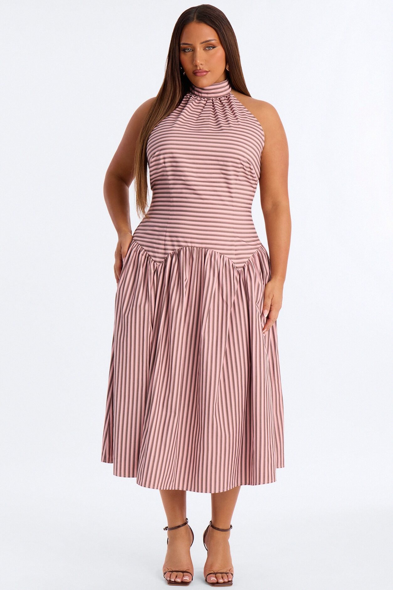 Clara Pleated Striped Midi Dress - Pink/combo