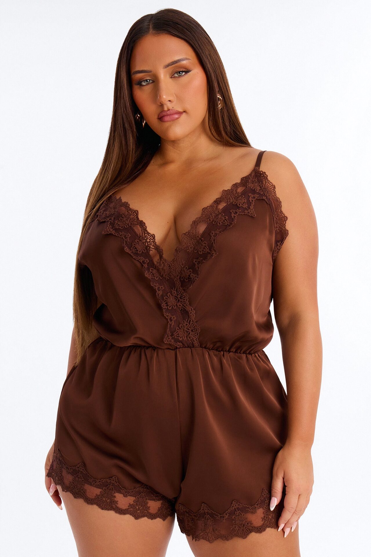 Rina Satin Lace Trim Micro Romper - Chocolate
