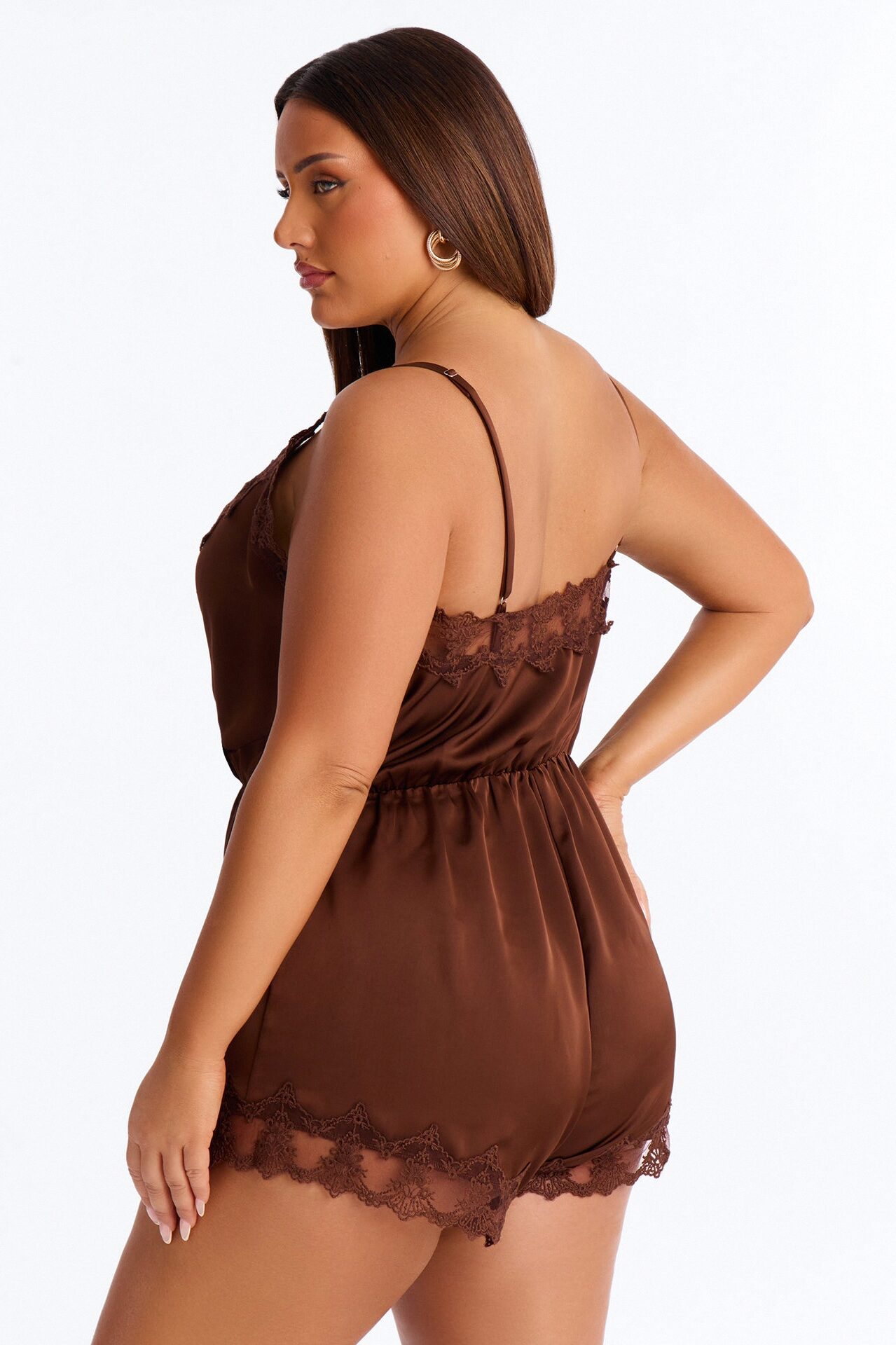 Rina Satin Lace Trim Micro Romper - Chocolate