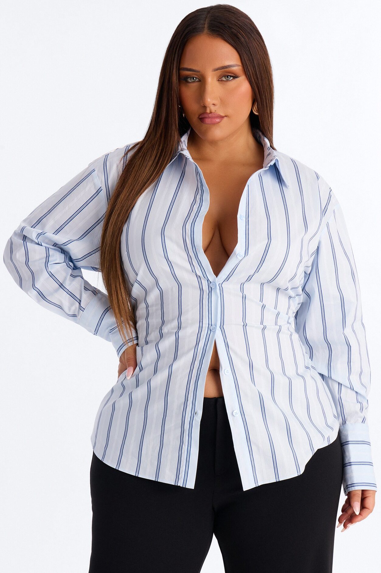 Silent Flex Lace Up Stripe Poplin Shirt - Blue/combo