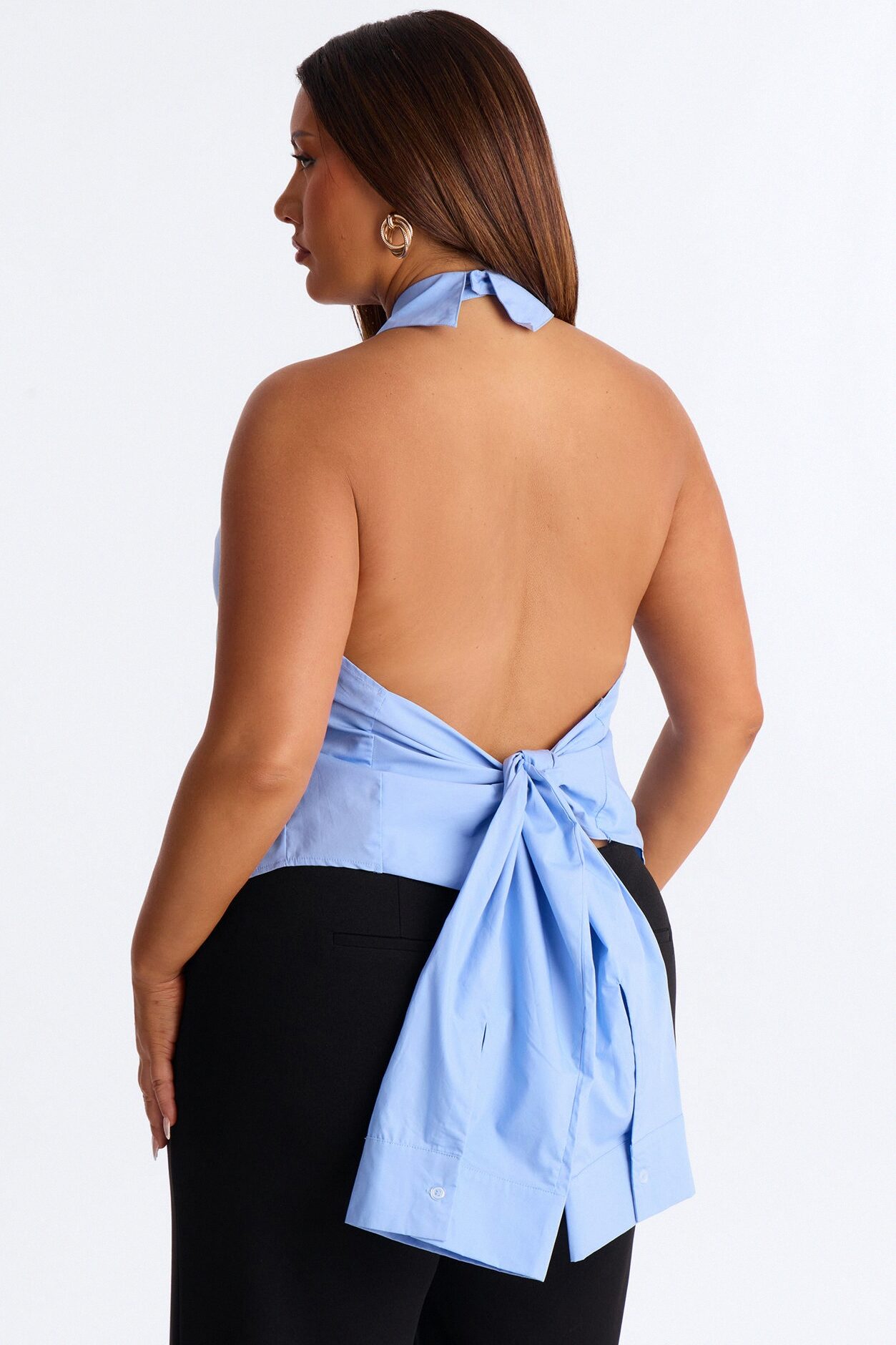 Chic All Day Tie Back Poplin Halter Top - Periwinkle