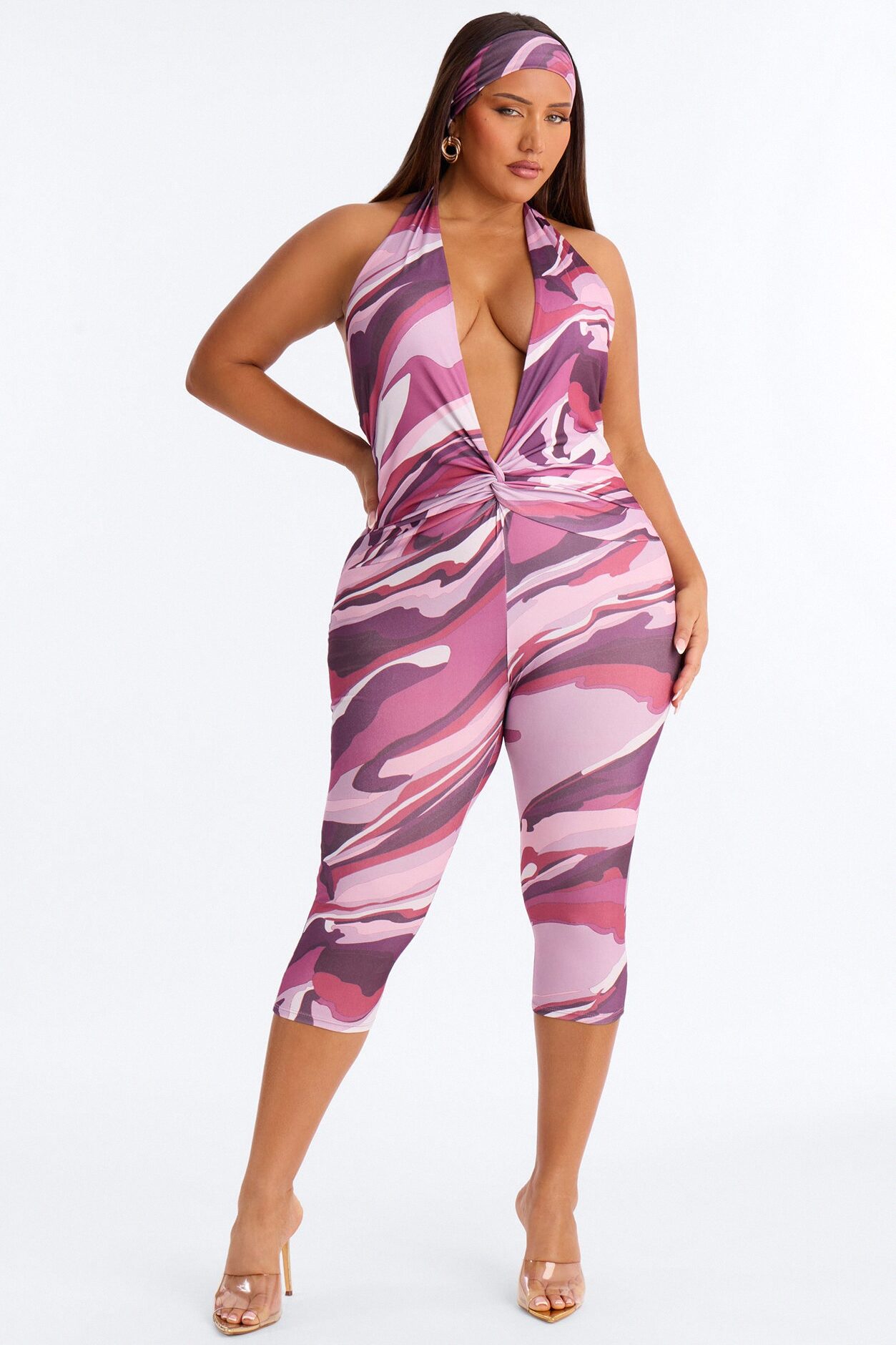 Starla Plunge 2 Piece Capri Jumpsuit - Pink