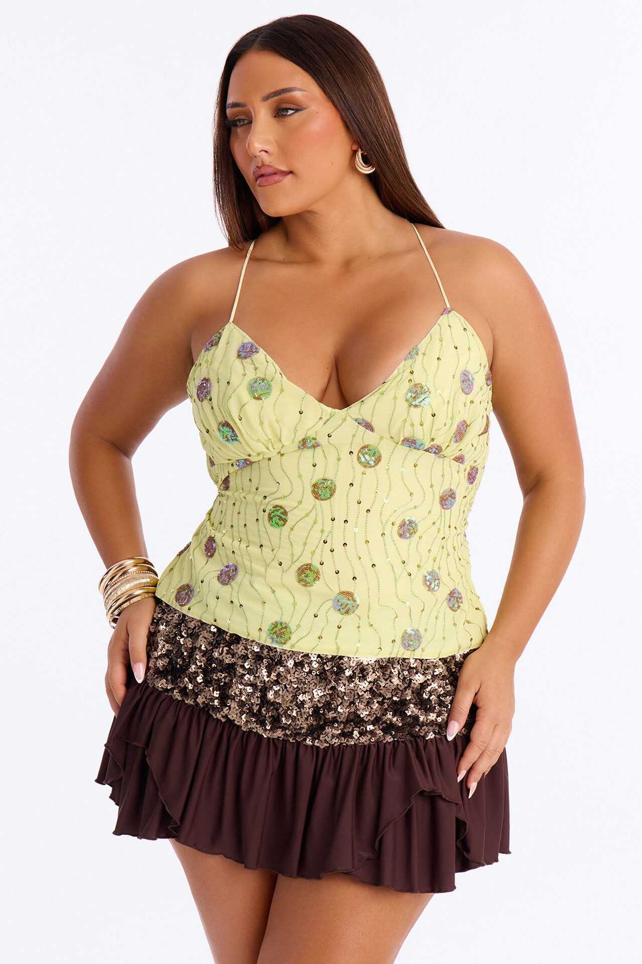 Desert Days Sequin Strappy Back Chiffon Top - Chartreuse