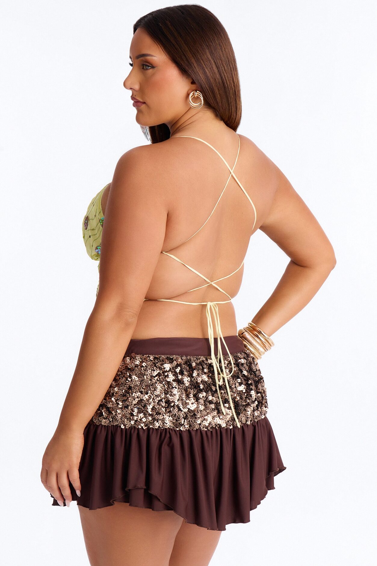 Desert Days Sequin Strappy Back Chiffon Top - Chartreuse