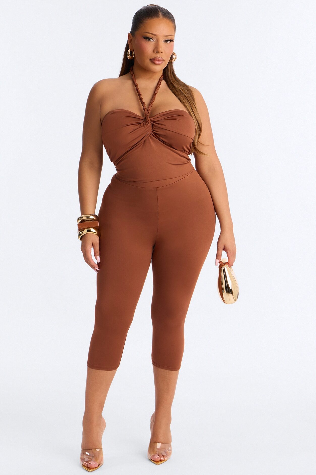 Bianca Braided Halter Capri Set - Brown