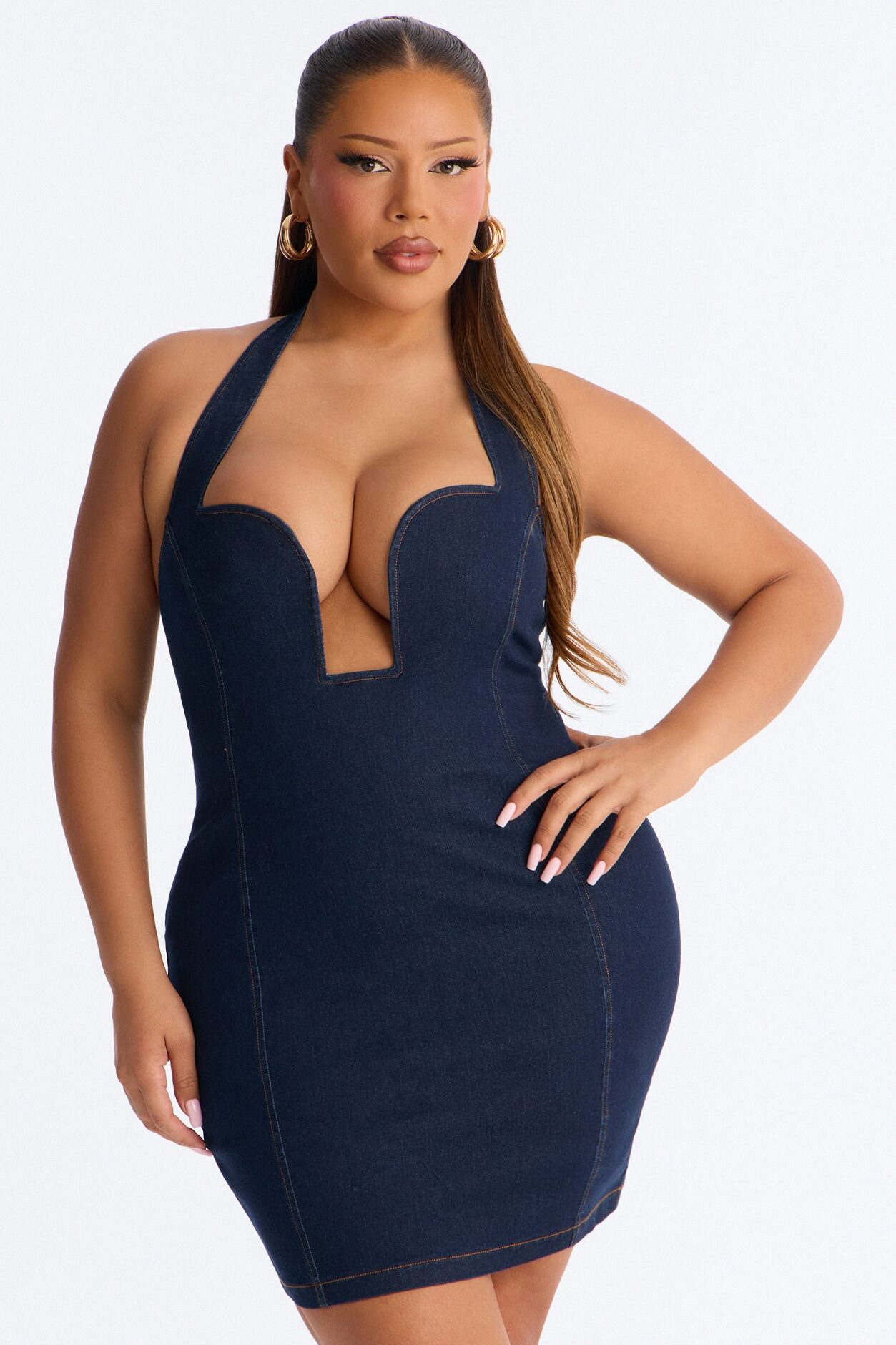 Jae Rae Halter Stretch Denim Micro Mini Dress - Dark Wash