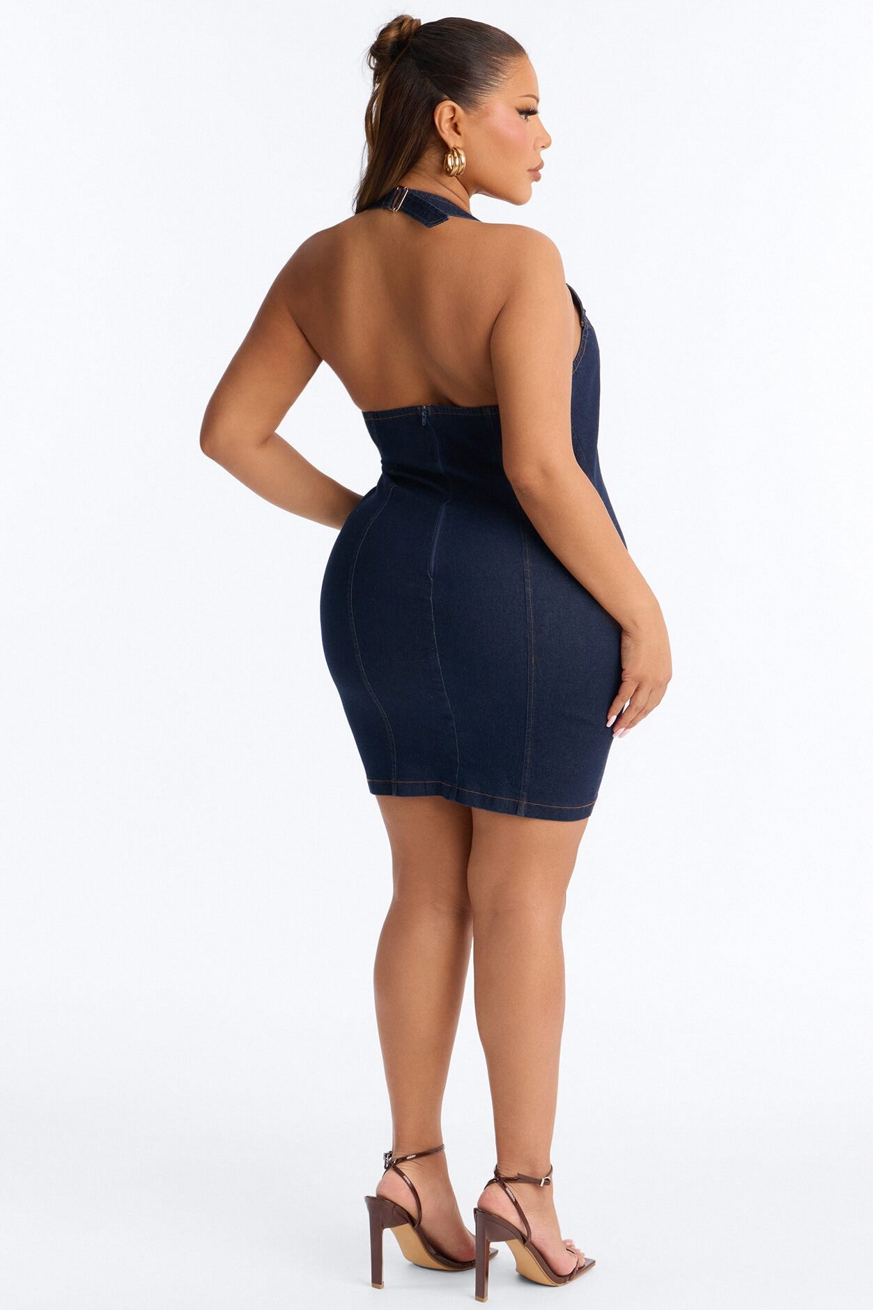 Jae Rae Halter Stretch Denim Micro Mini Dress - Dark Wash