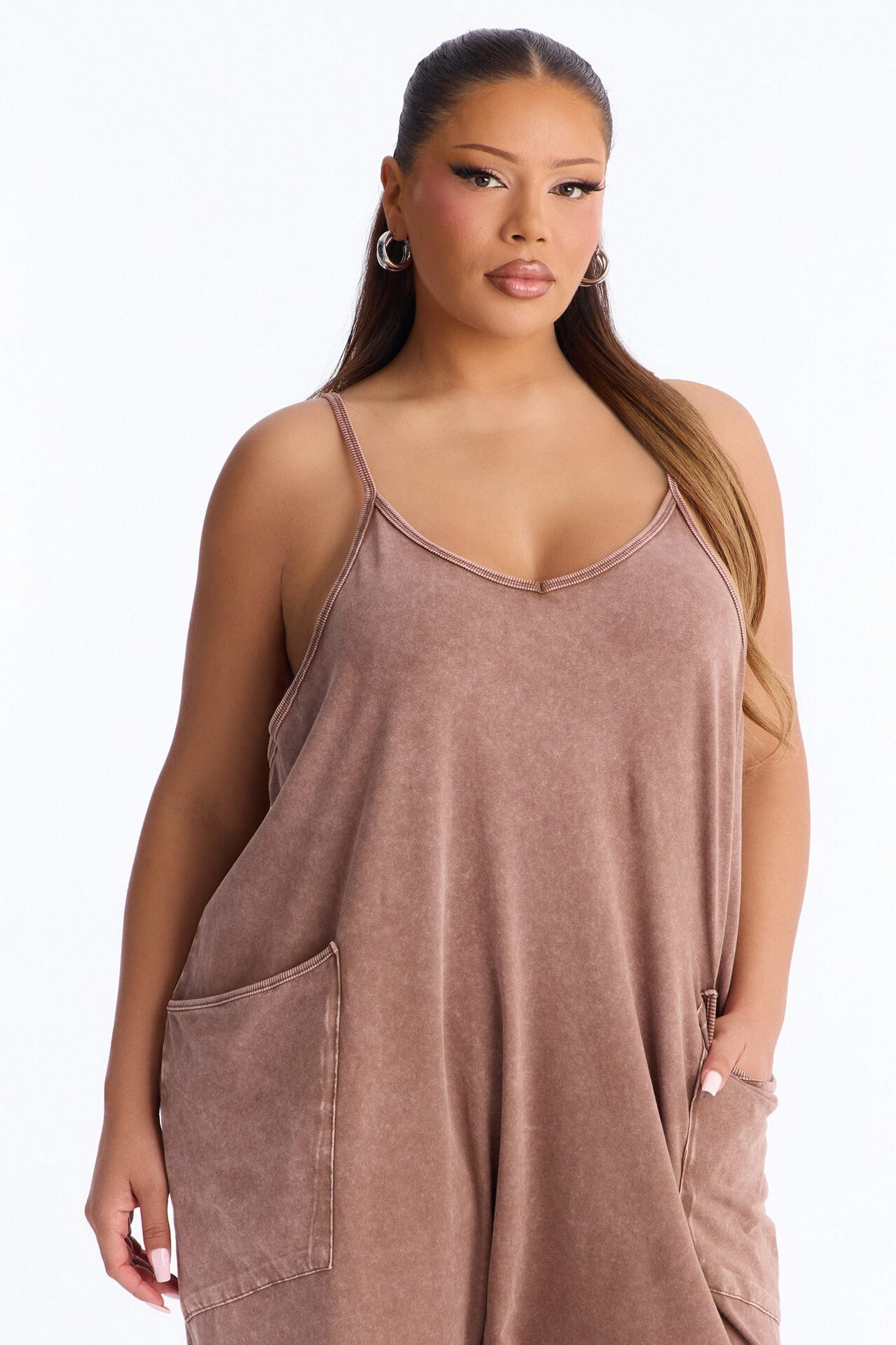 Baggy Days Washed Wide Leg Jumpsuit - Brown