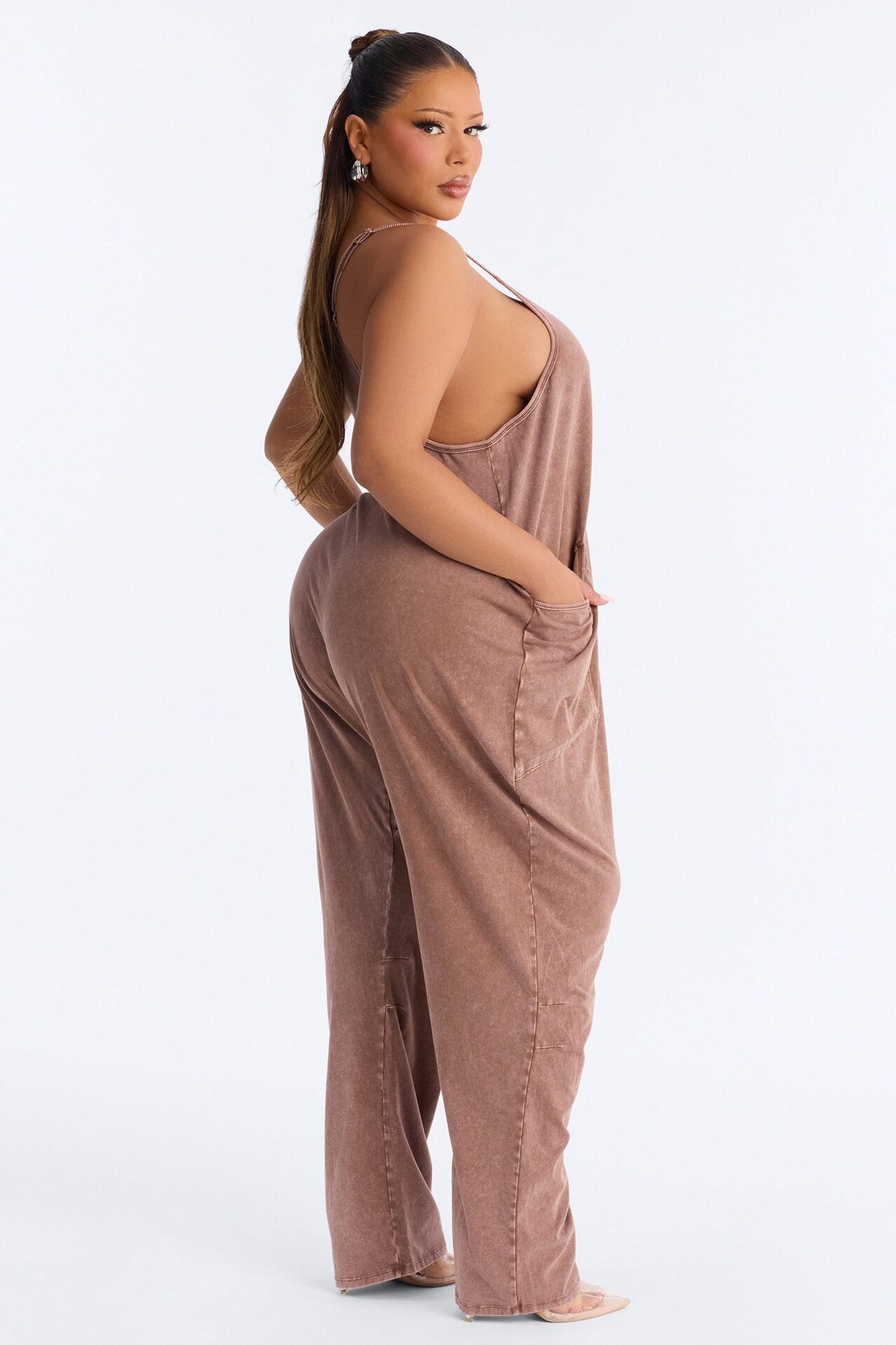 Baggy Days Washed Wide Leg Jumpsuit - Brown
