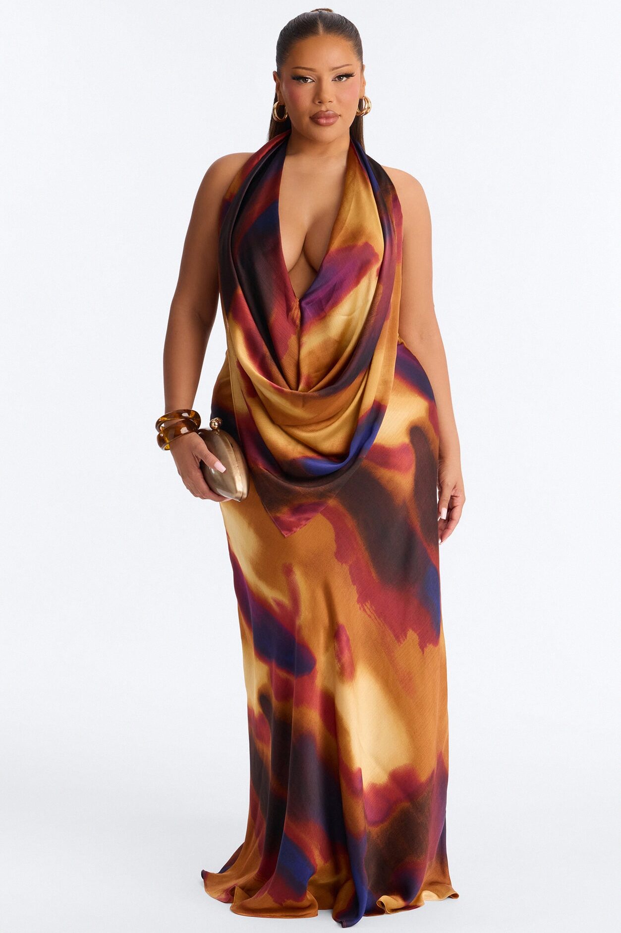 Heat Check Cowl Neck Satin Maxi Dress - Plum/Multi