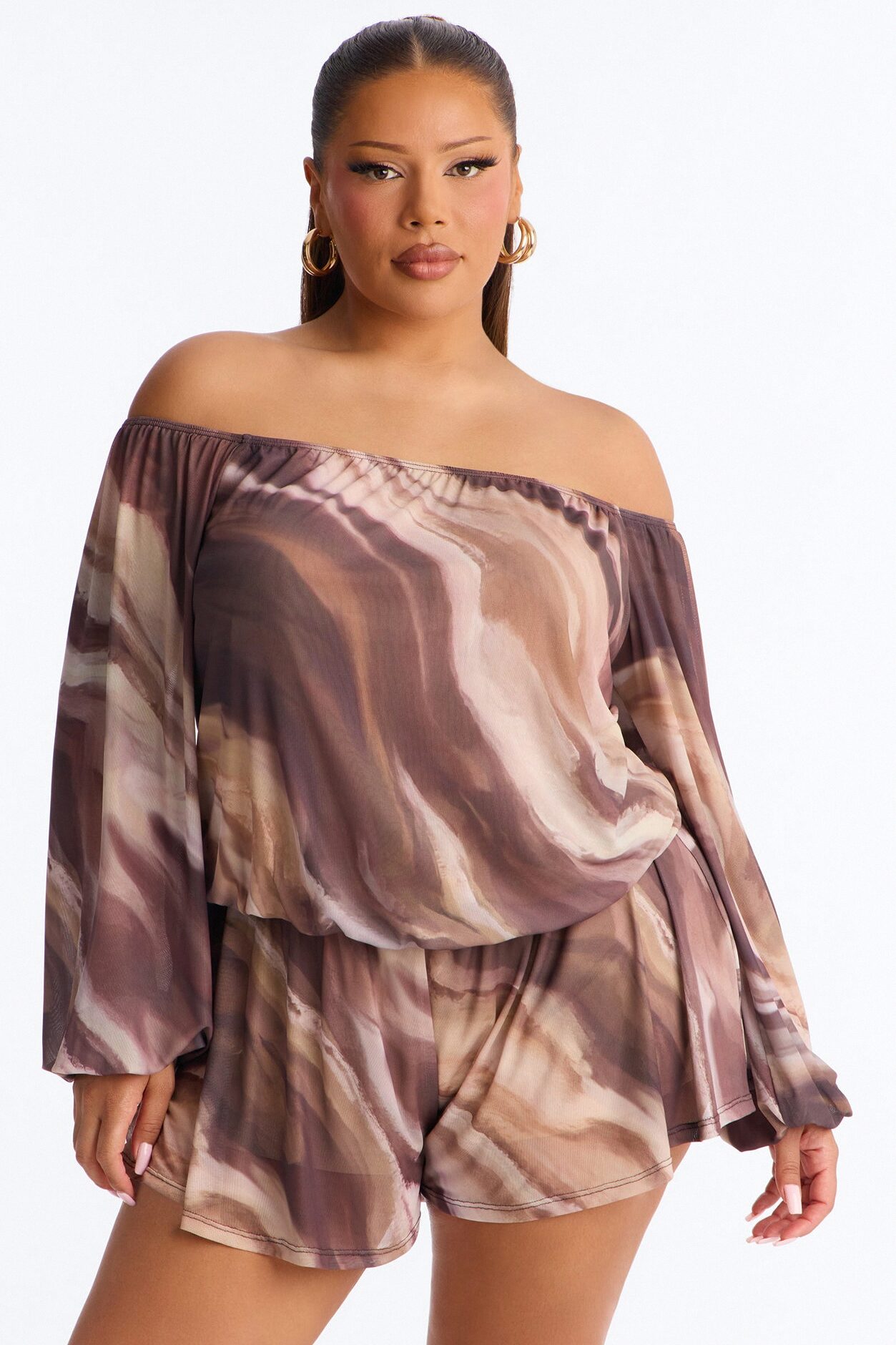 Rana Mesh Off Shoulder Romper - Brown