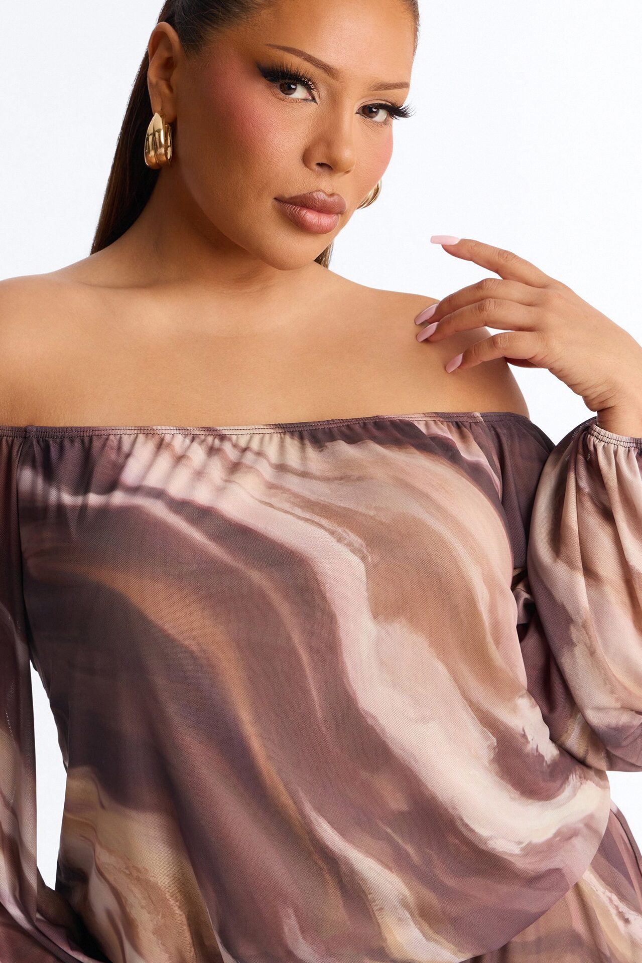 Rana Mesh Off Shoulder Romper - Brown