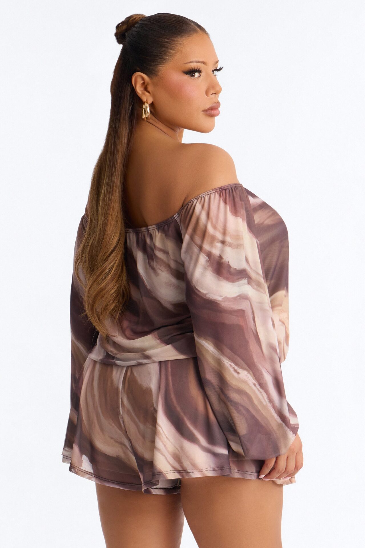 Rana Mesh Off Shoulder Romper - Brown