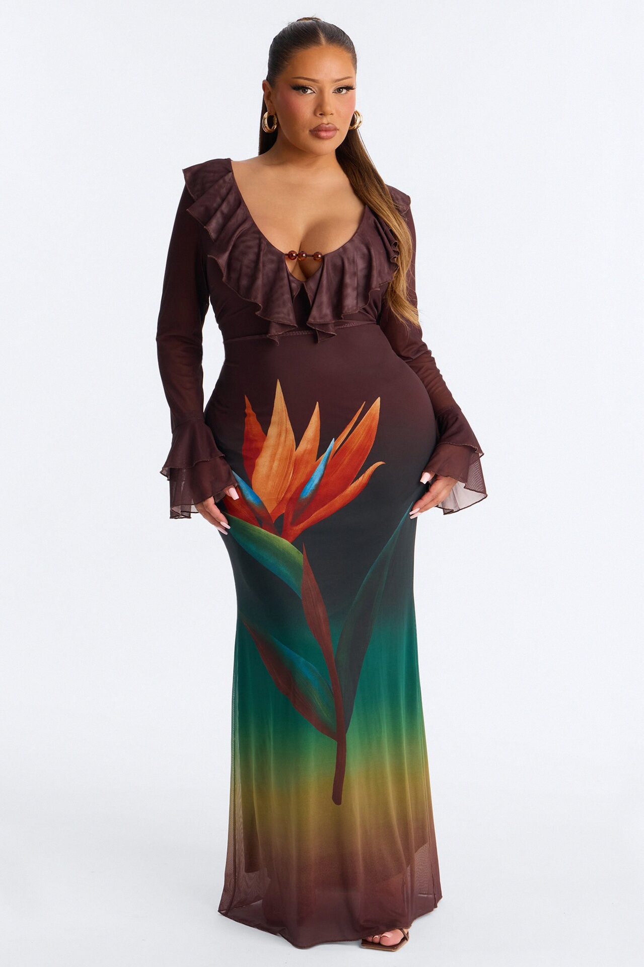 Erica Ruffle Mesh Maxi Dress - Brown/combo