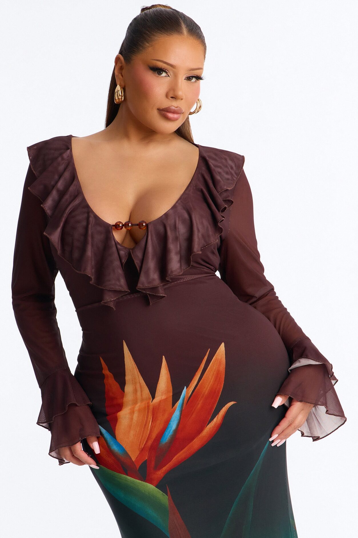 Erica Ruffle Mesh Maxi Dress - Brown/combo