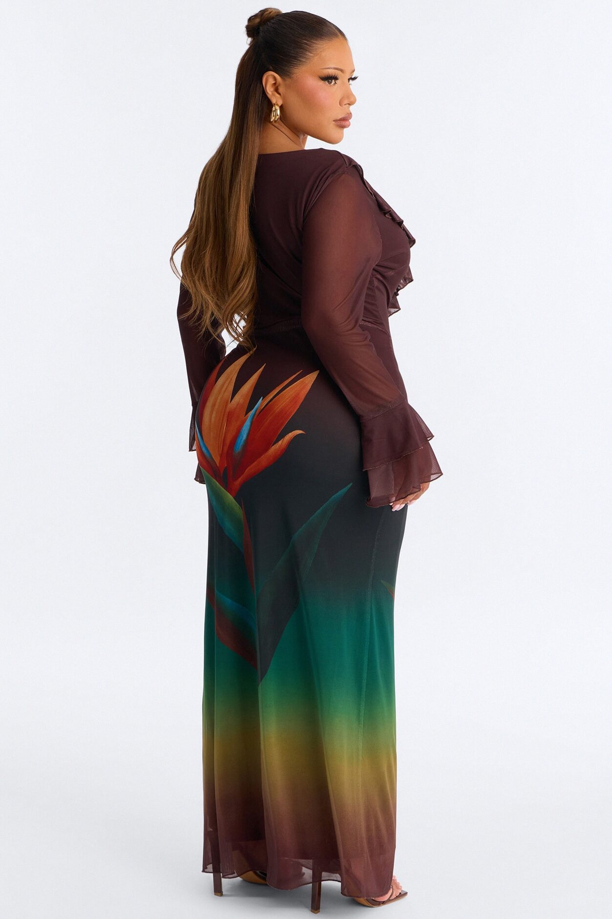 Erica Ruffle Mesh Maxi Dress - Brown/combo