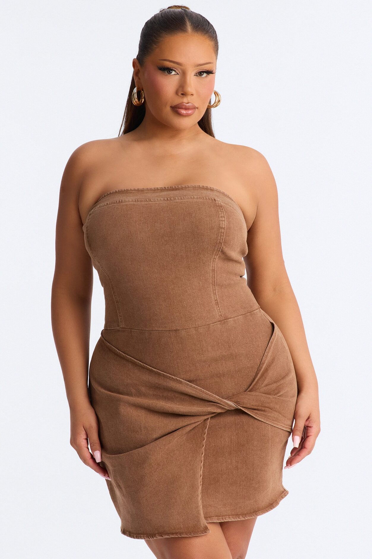 Tillee Strapless Stretch Denim Mini Dress - Brown