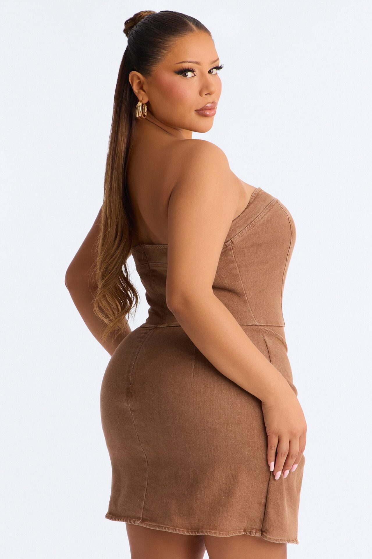 Tillee Strapless Stretch Denim Mini Dress - Brown