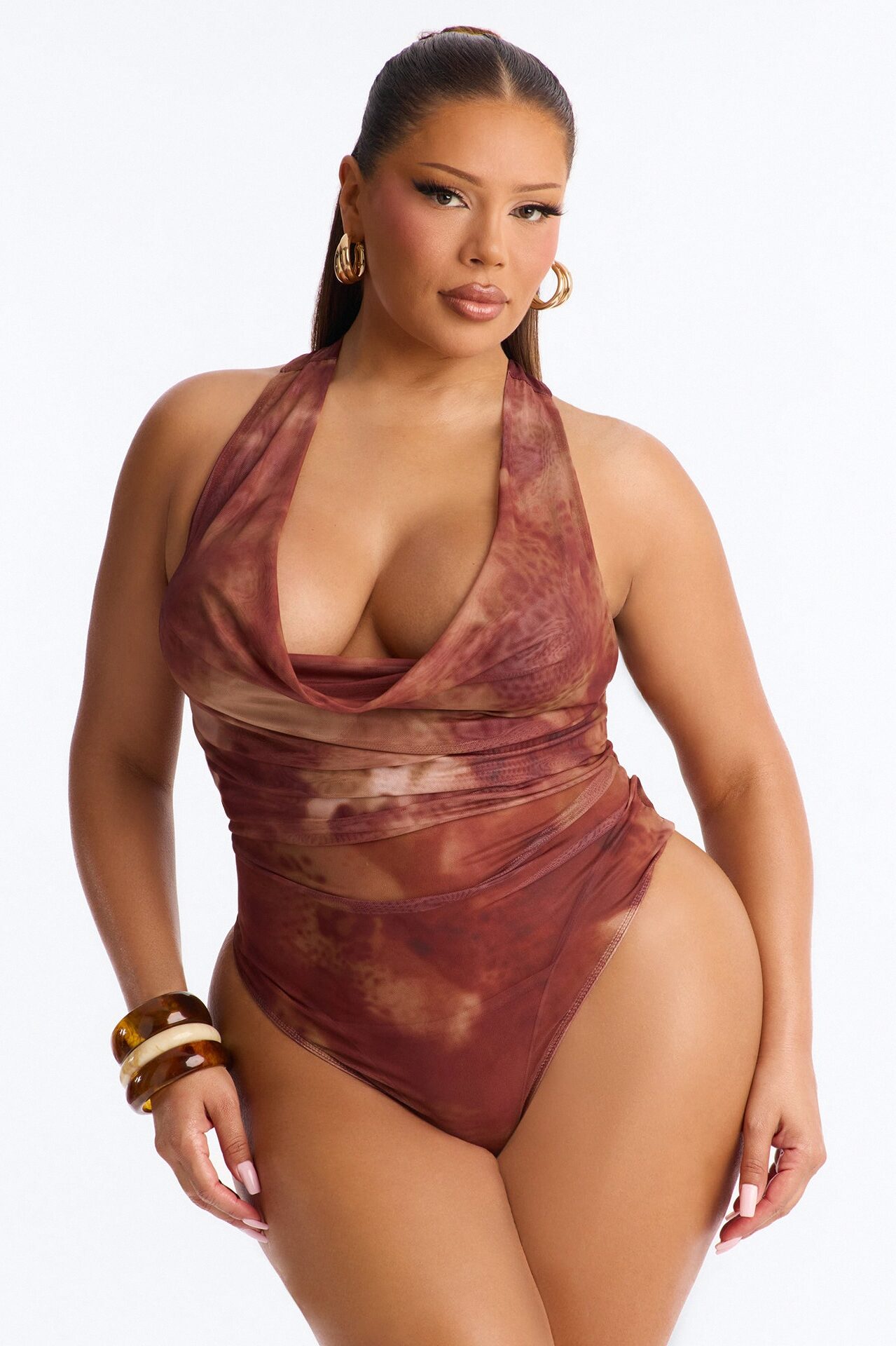 Bronze Babe Mesh Cowl Neck Hardware Bodysuit - Brown/combo