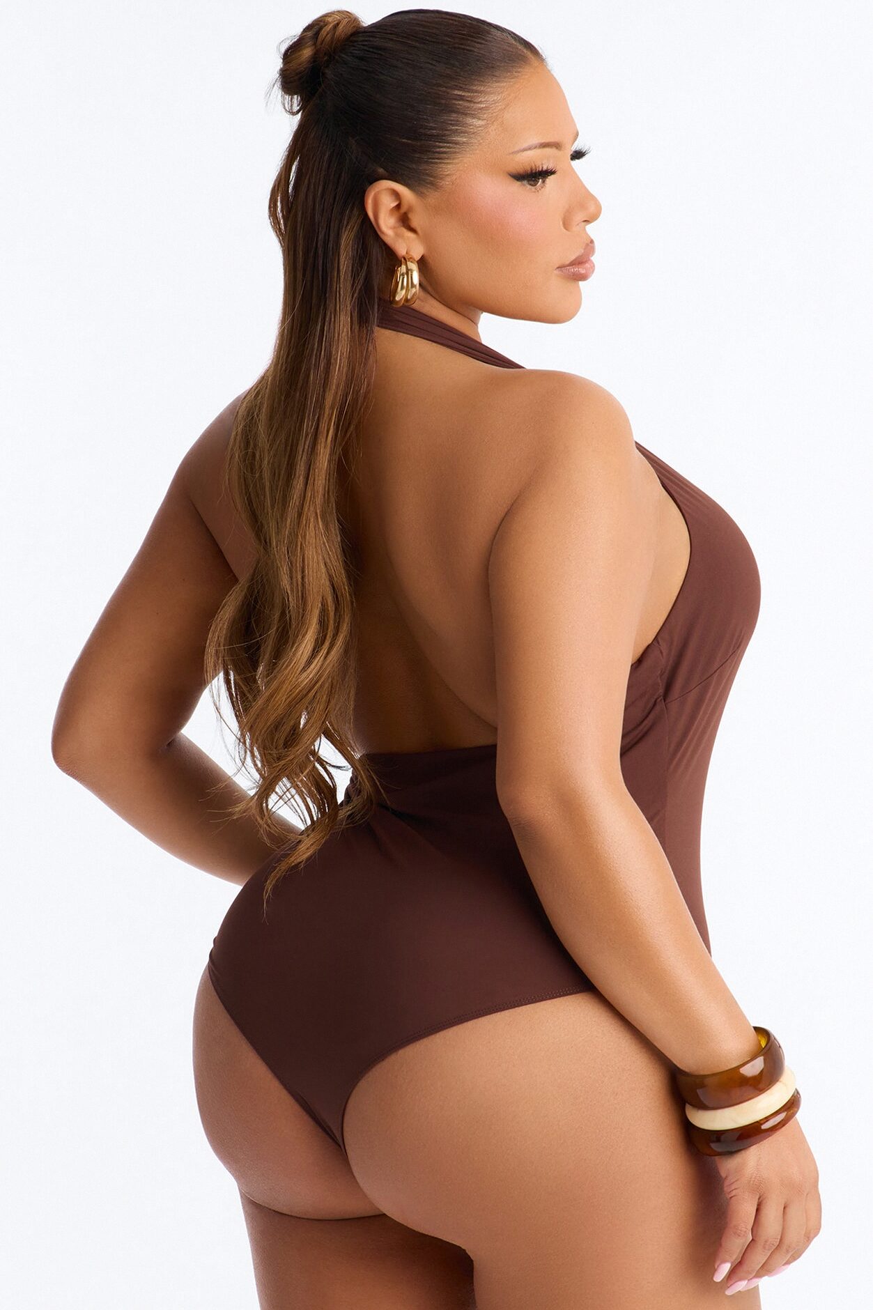 Bahamas Queen Beaded Deep V-Neck Halter Bodysuit - Chocolate