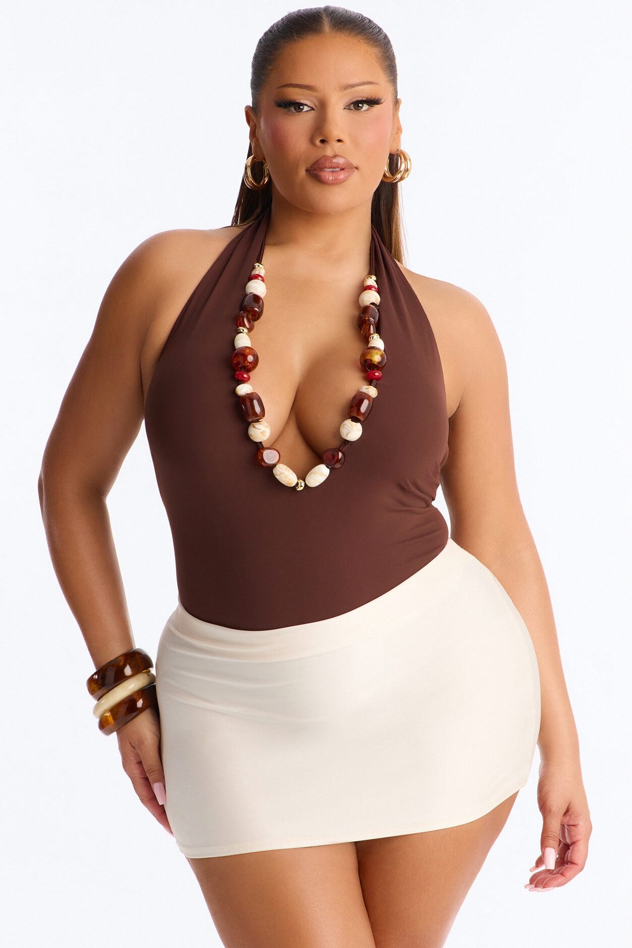 Bahamas Queen Beaded Deep V-Neck Halter Bodysuit - Chocolate
