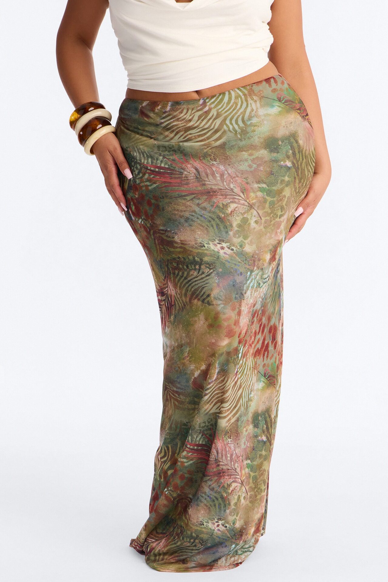 Tropical Bloom Mesh Maxi Skirt - Green/combo