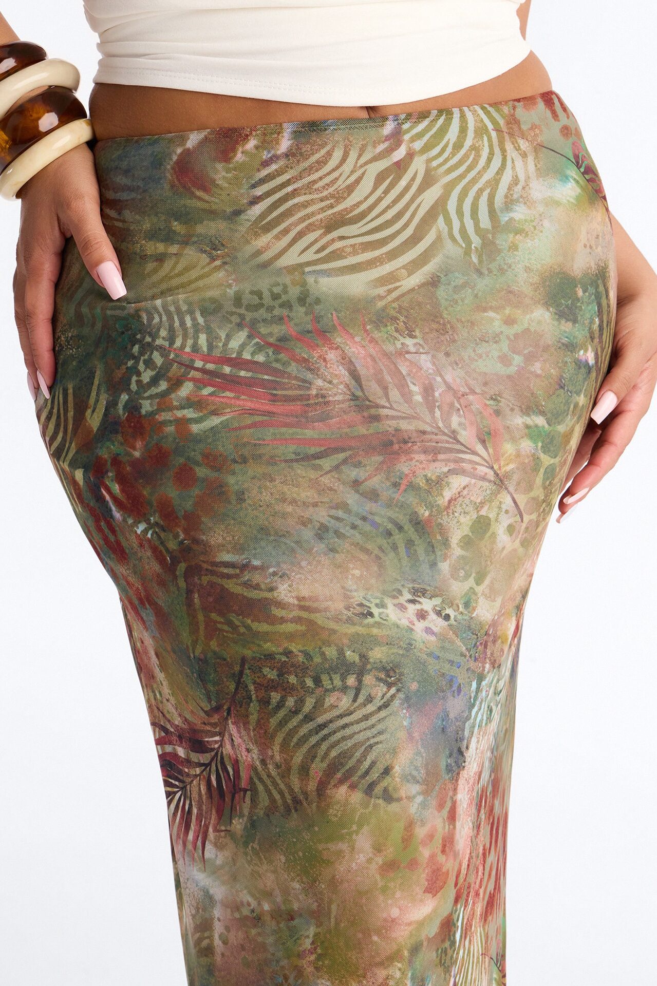 Tropical Bloom Mesh Maxi Skirt - Green/combo