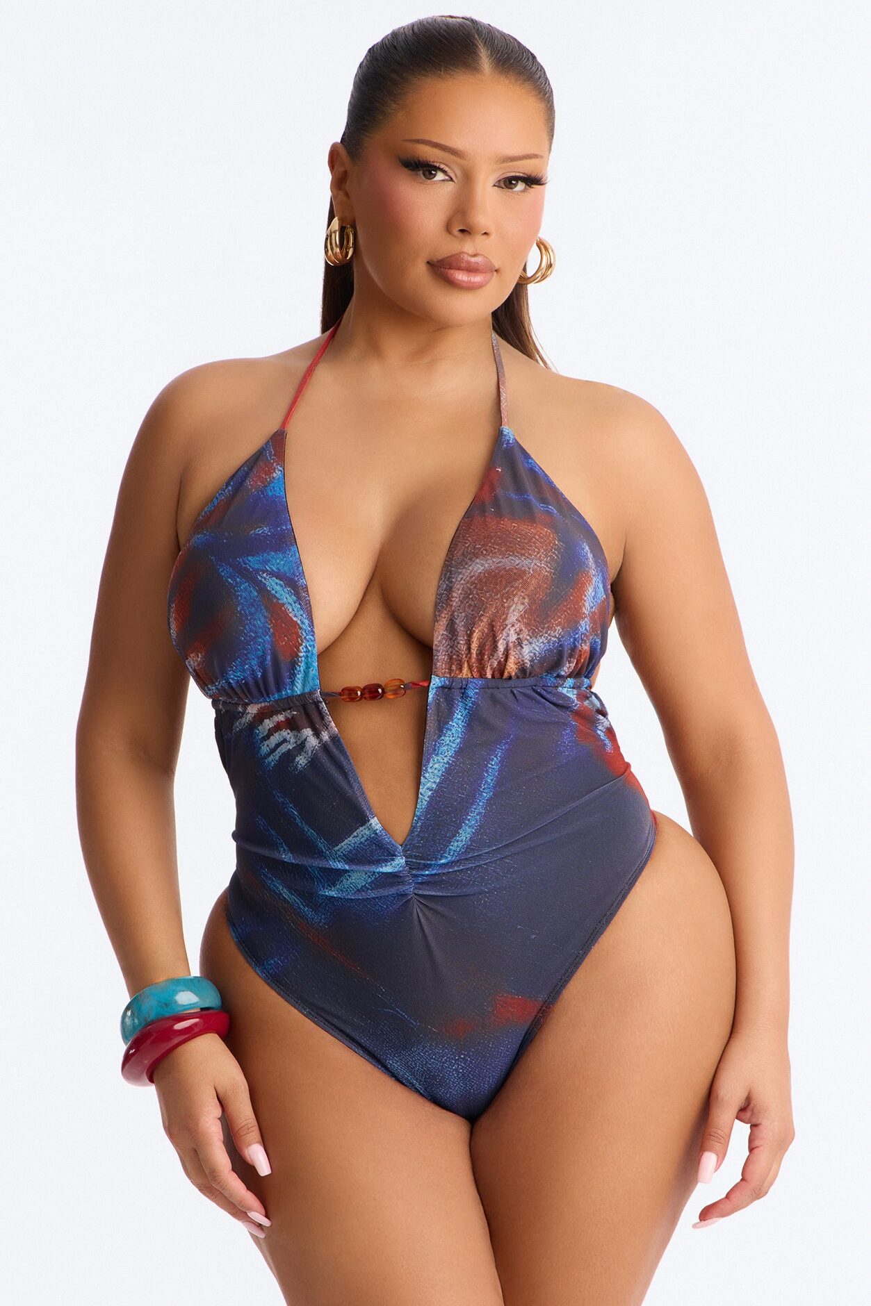 Olandria Mesh Beaded Halter Bodysuit - Navy/combo