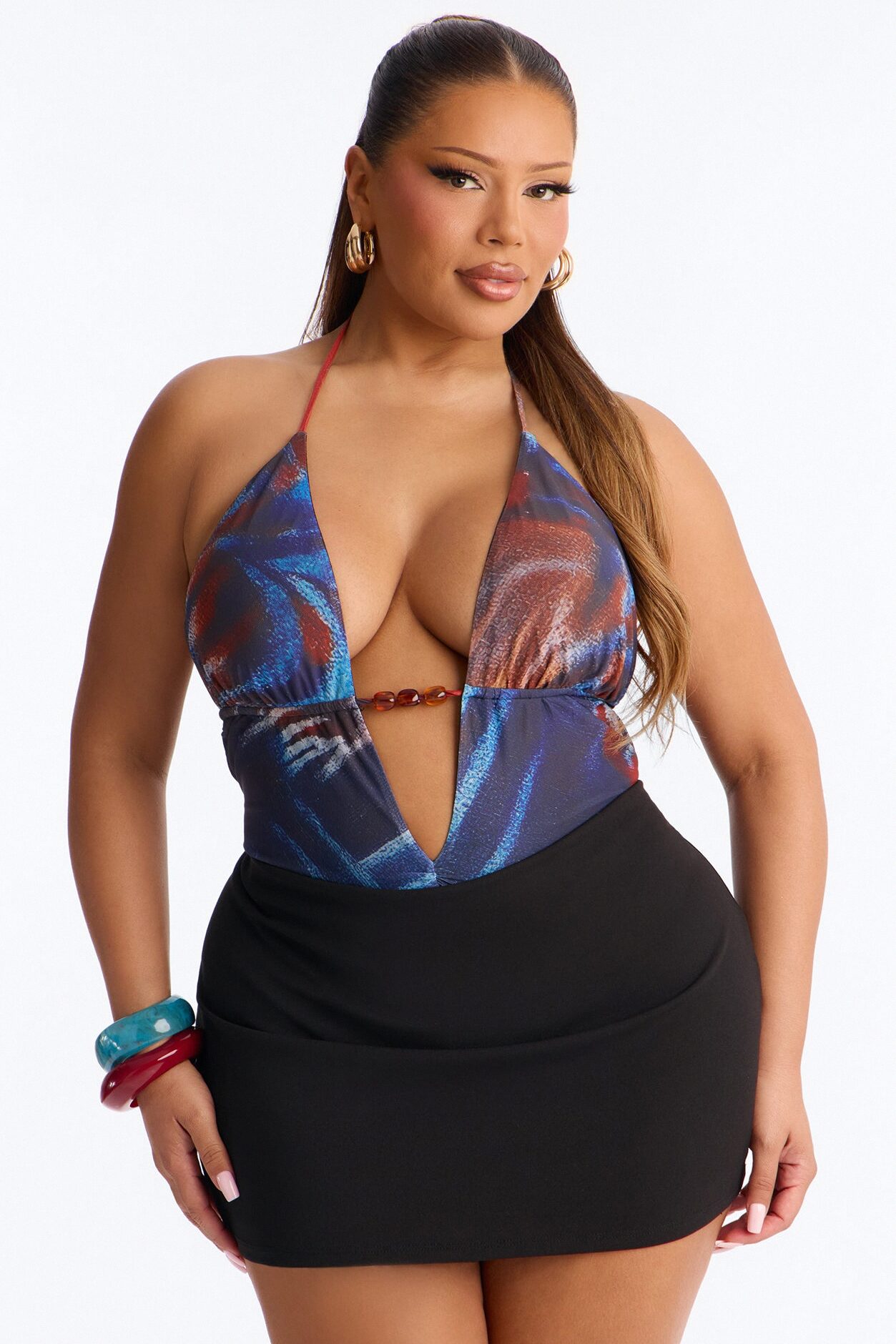 Olandria Mesh Beaded Halter Bodysuit - Navy/combo
