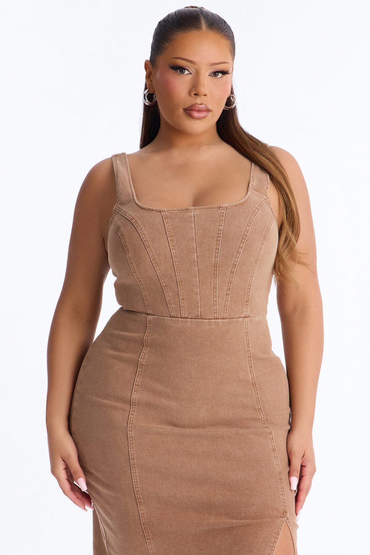 Avery Stretch Denim Midi Dress - Brown