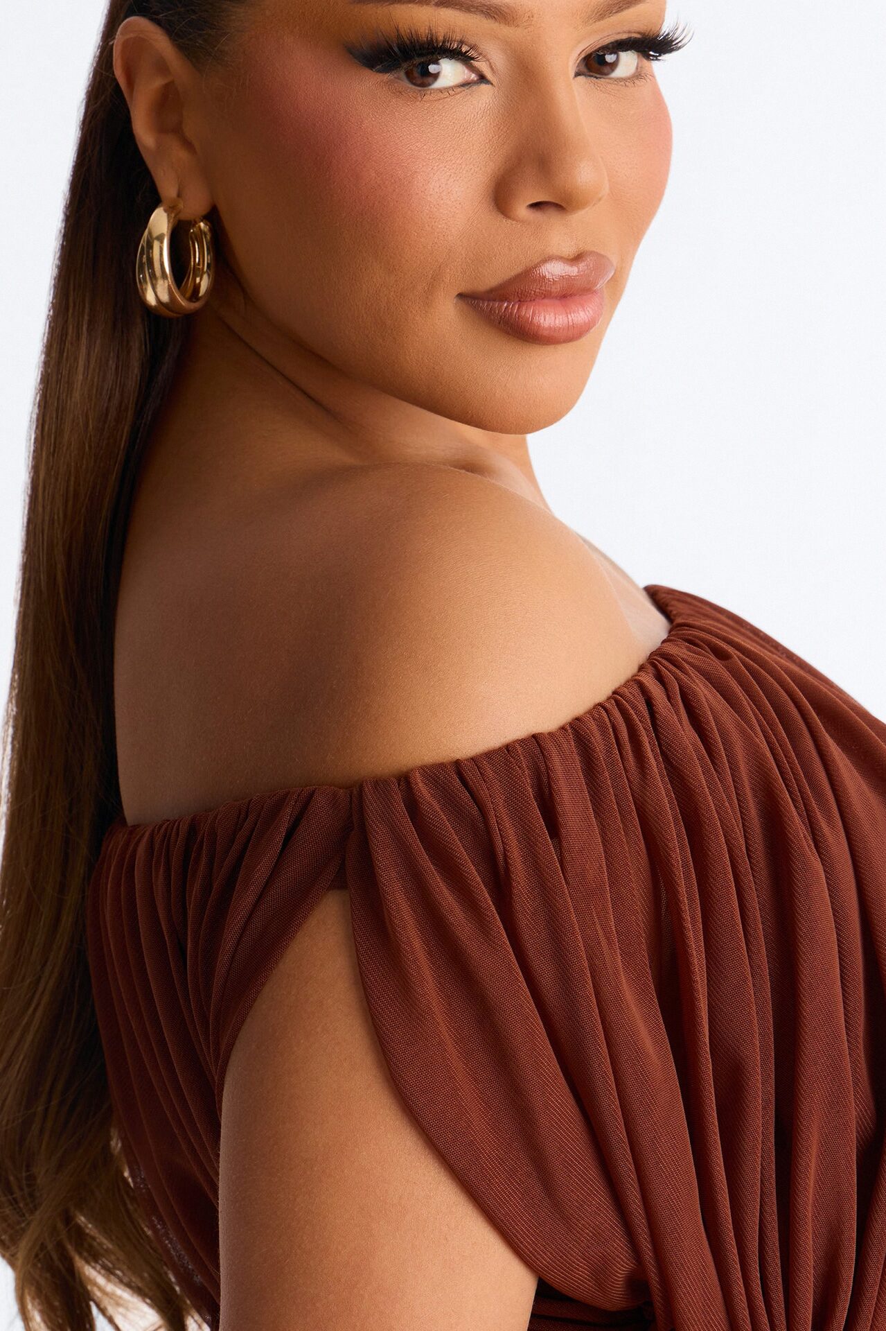 Steff Ruched Off Shoulder Mesh Bodysuit - Brown