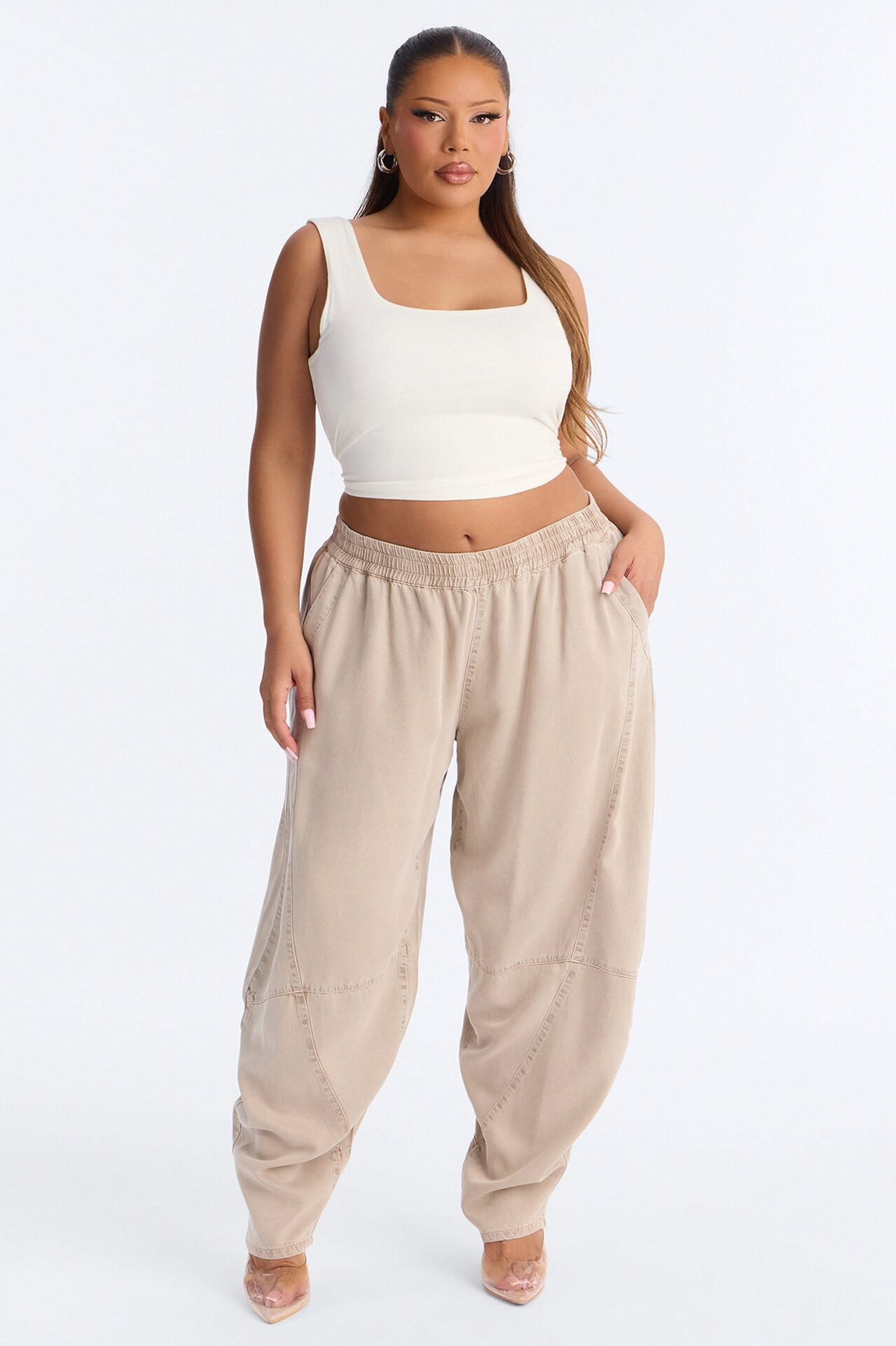 Jeannie Mid Rise Washed Barrel Pants - Stone
