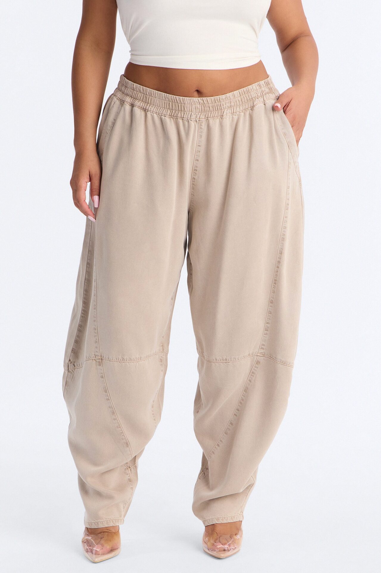 Jeannie Mid Rise Washed Barrel Pants - Stone