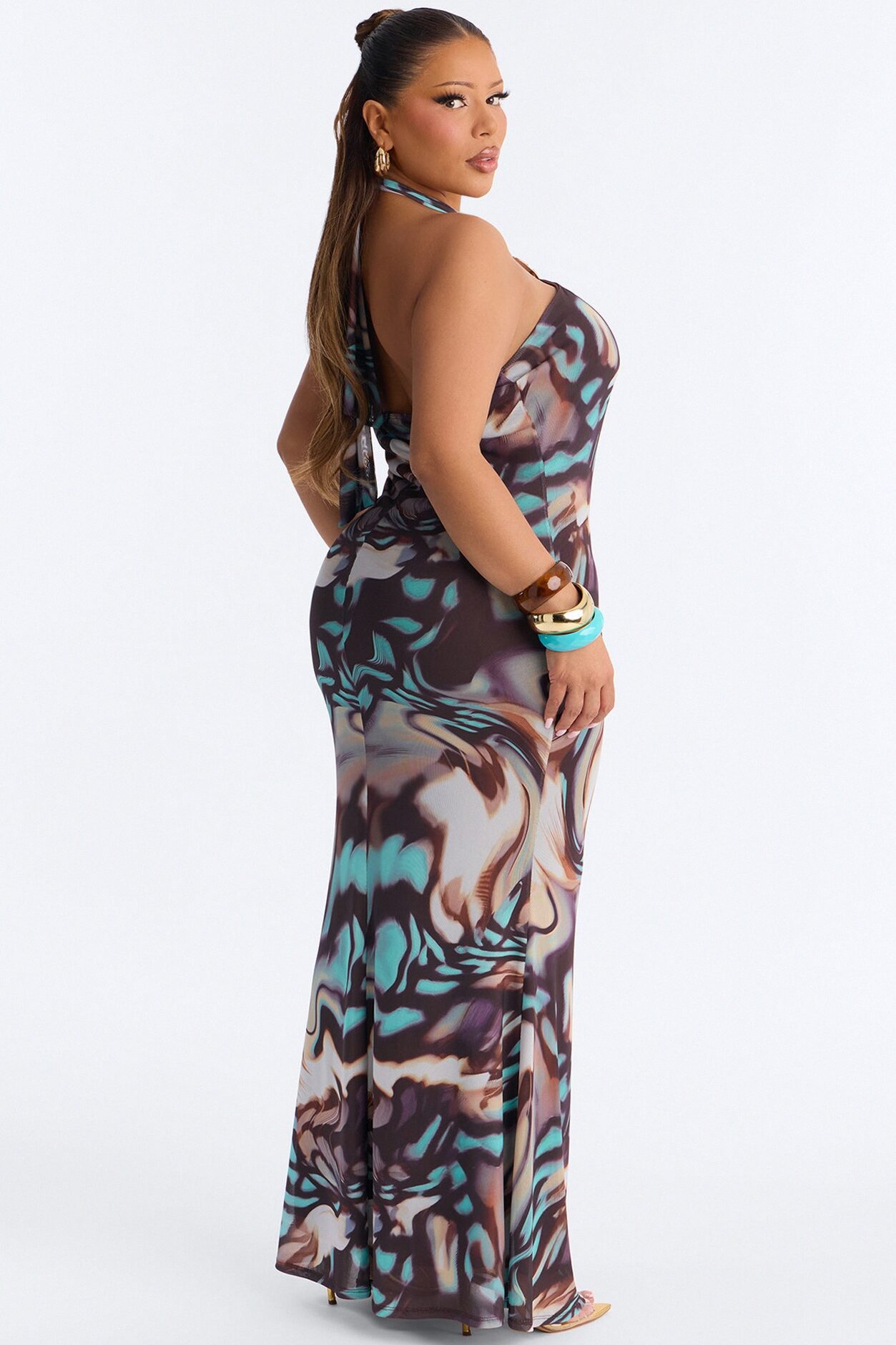 Bad Habits Halter Mesh Maxi Dress - Brown/combo