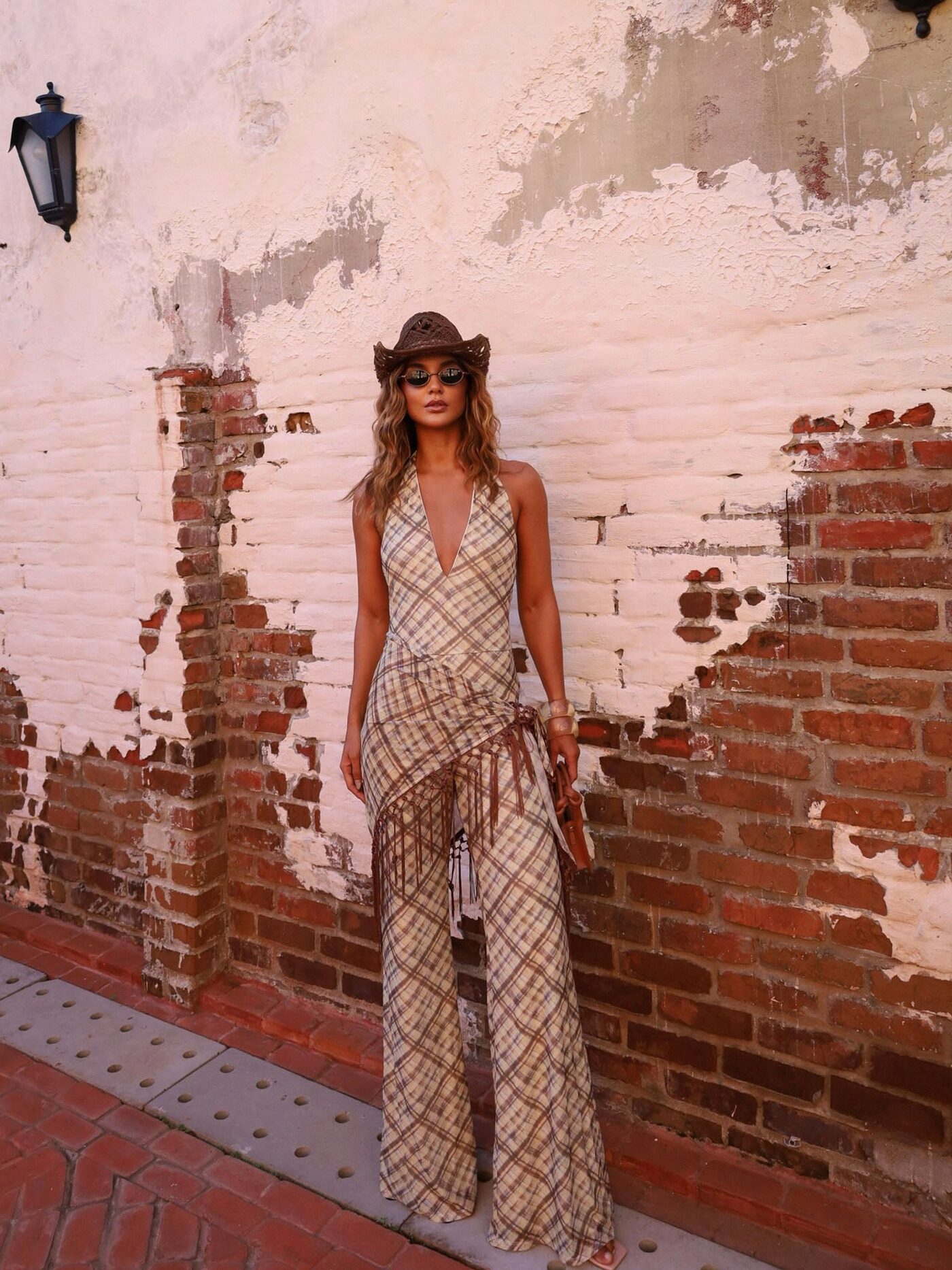 Ava Mesh Plaid Waist Scarf Jumpsuit - Brown